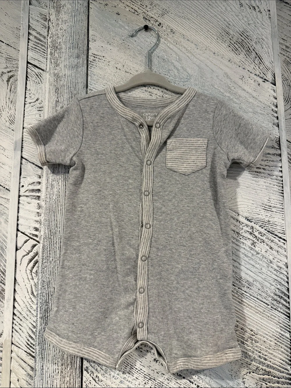 Carter's Light Gray Short-Sleeve Snap Romper with Stripe Trim